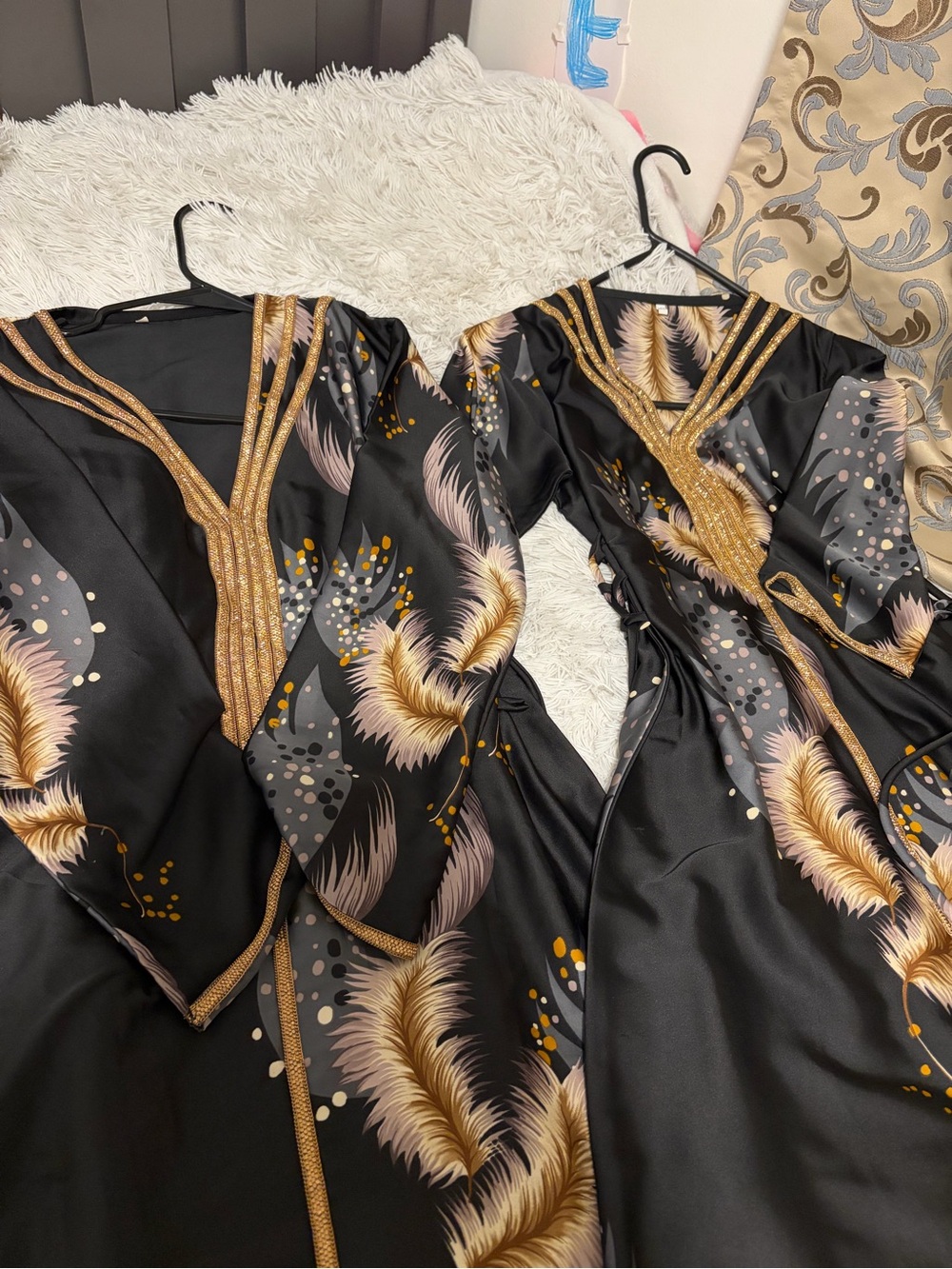 Elegant Black Satin Dress with Gold Feather Print match with your daughter